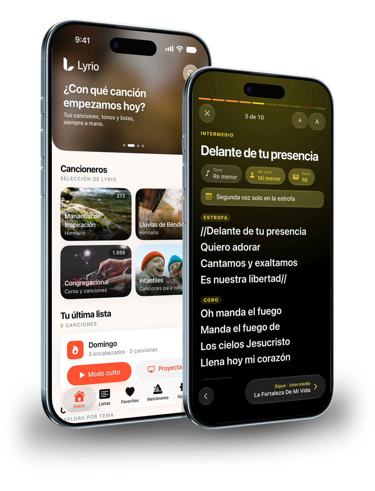 Lyrio en el celular: pantalla de inicio y modo culto